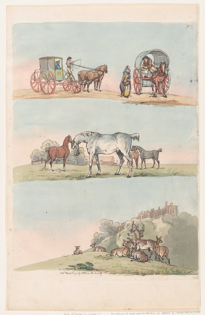 Tavle 3, Skitser af Figurer, Landskaber og Kvæg...til Lærernes Brug, Ma..., 8. Marts 1790. af Thomas Rowlandson
