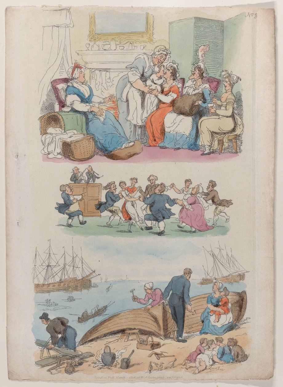 Plade 4: Et liggende besøg, en runddans, fra World in Miniature, 1816., 1816. af Thomas Rowlandson