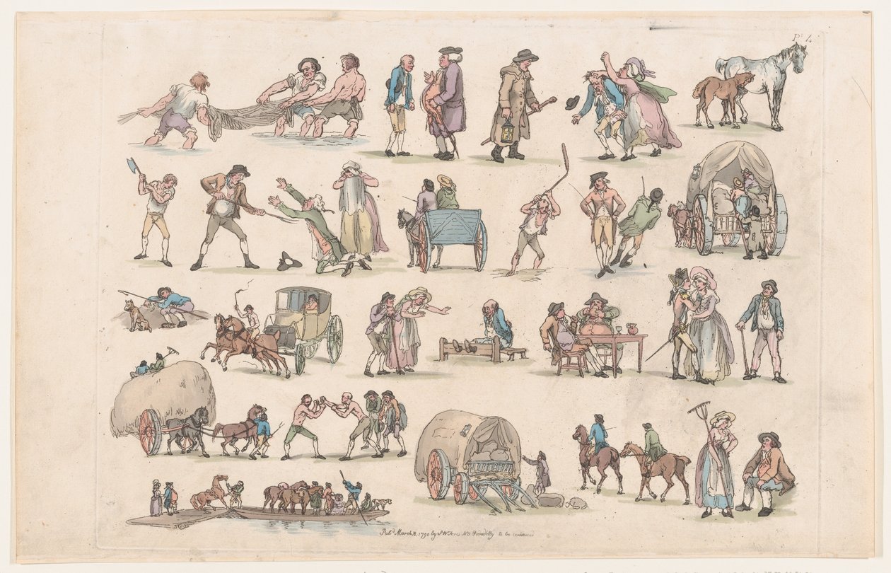 Tavle 4, Omrids af Figurer, Landskaber og Kvæg...til Lærernes Brug, Ma..., 8. Marts 1790. af Thomas Rowlandson