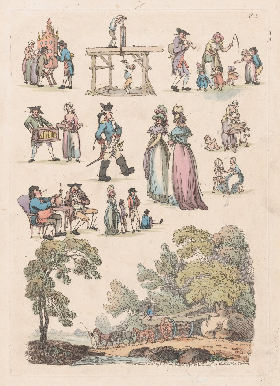 Tavle 5, Omrids af Figurer, Landskaber og Kvæg...til Brug for Lærere, Ju..., 18. Juni 1790. af Thomas Rowlandson