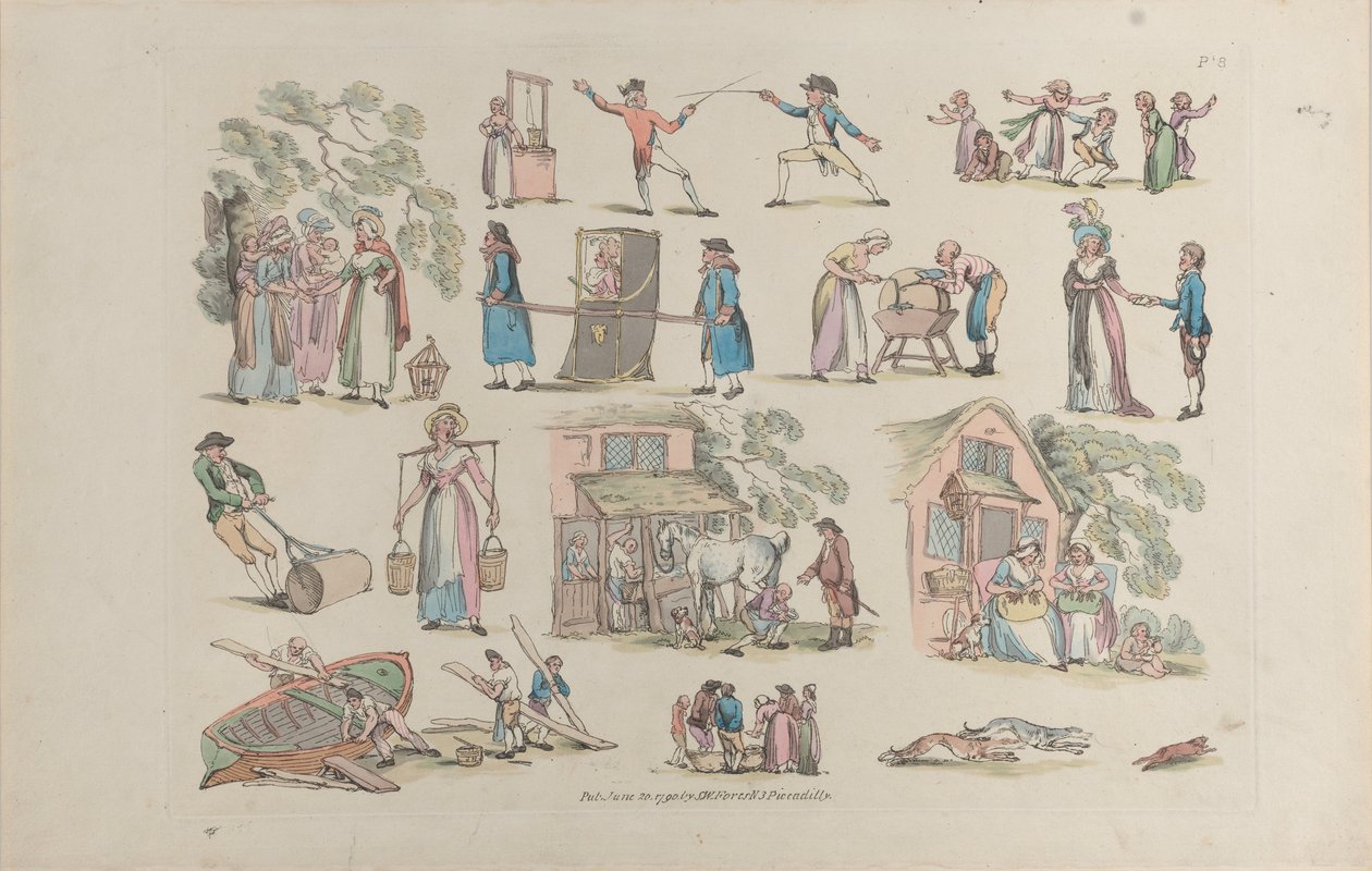 Tavle 8, Omrids af Figurer, Landskaber og Kvæg...til Brug for Lærere, Ju..., 20. Juni 1790. af Thomas Rowlandson