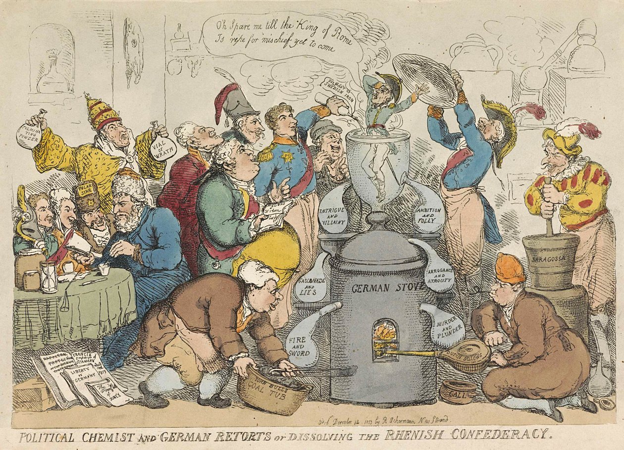 Politisk kemiker og tysk replikker eller opløsning af det rhenske forbund, pub. 1813 (håndfarvet gravering) af Thomas Rowlandson