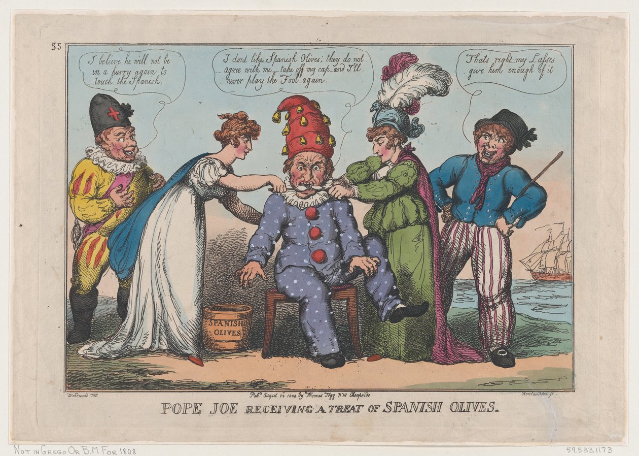 Pave Joe modtager en godbid af spanske oliven, 23. august 1808., 23. august 1808. af Thomas Rowlandson