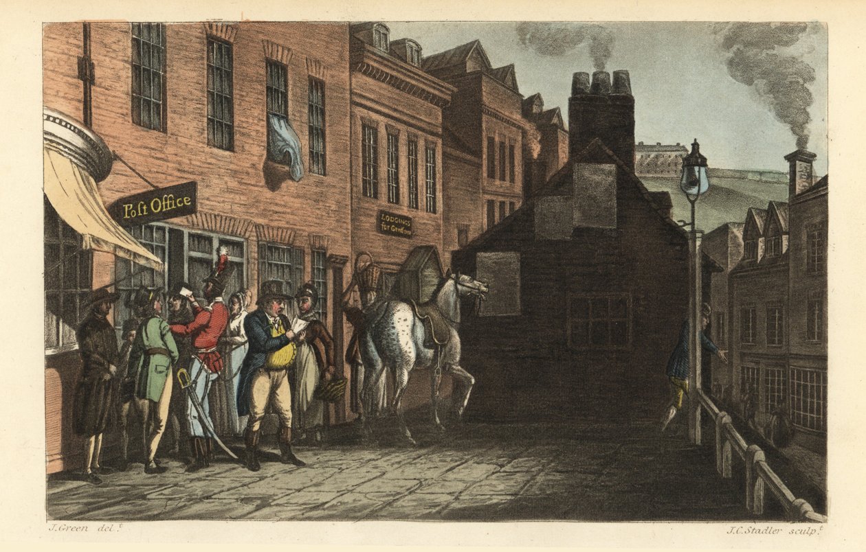 Postkontor: Turister samler post på postkontoret i Scarborough af Thomas Rowlandson