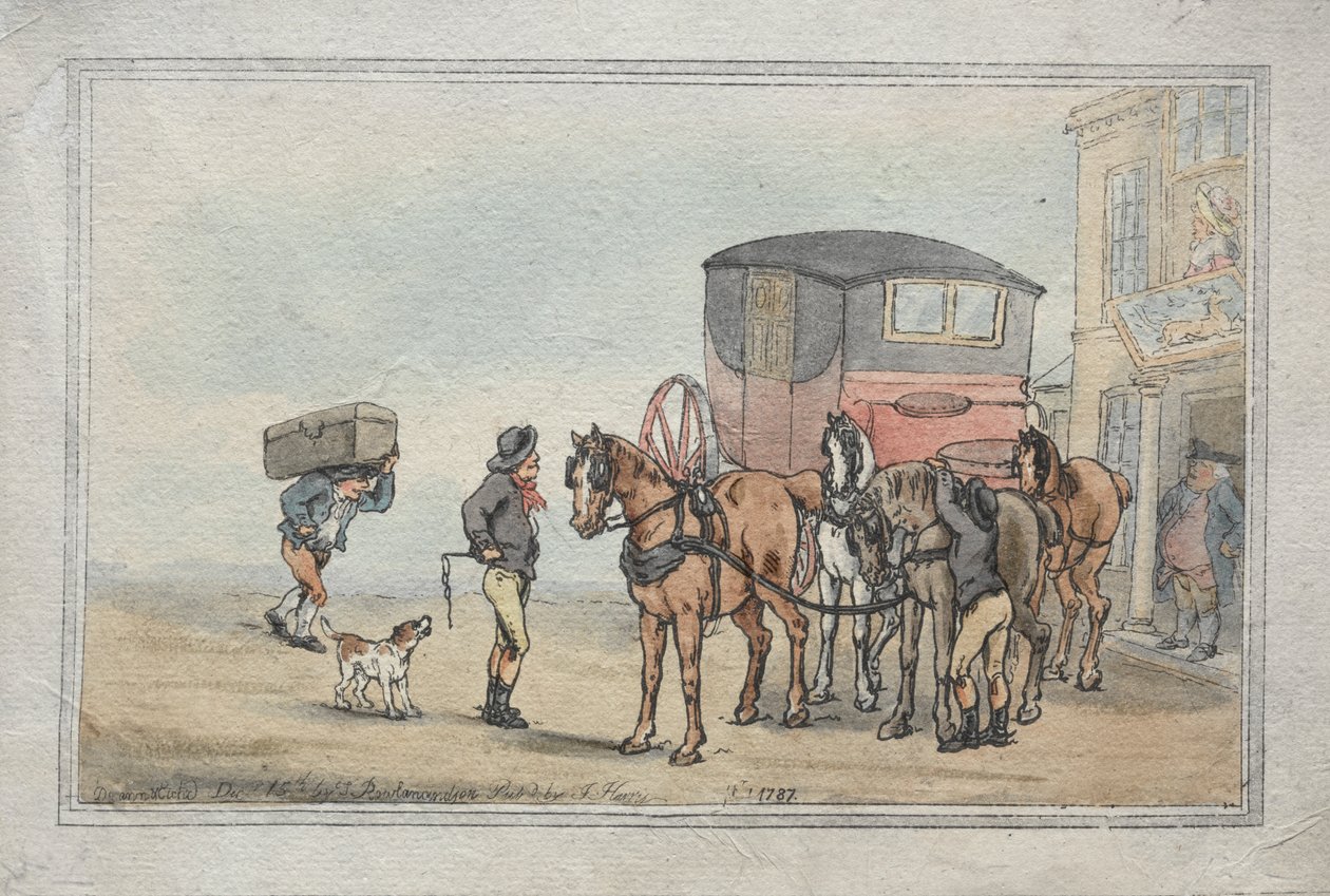 Postboys og Posthorses på White Hart Inn af Thomas Rowlandson