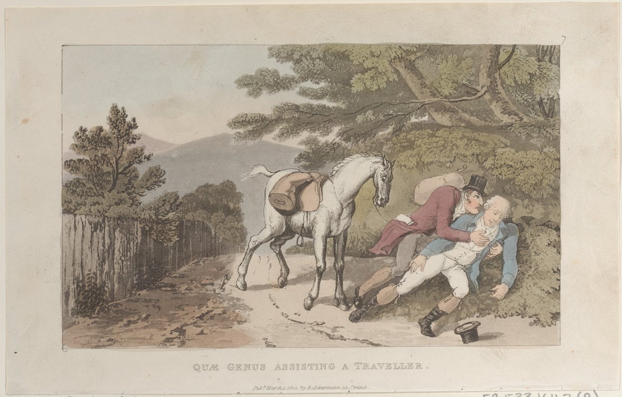 Quae Genus assisterer en rejsende, fra The History of Johnny Quae Genus, The Litt..., 1. marts 1822. af Thomas Rowlandson