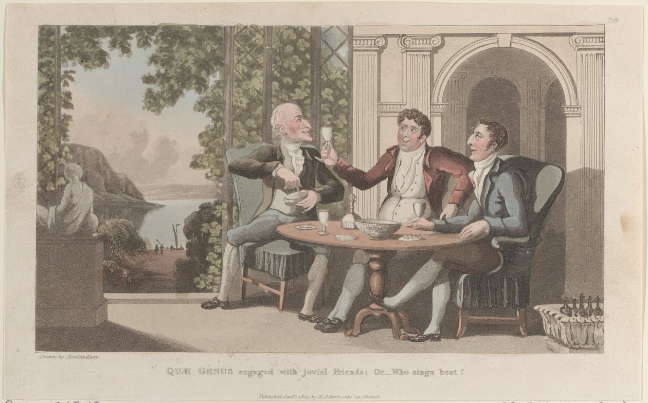Quae Genus Engaged with Jovial Friends, Eller-Hvem synger bedst, fra The History o..., 1. januar 1822. af Thomas Rowlandson
