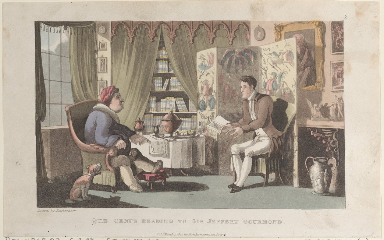 Quae Genus Reading til Sir Jeffery Gourmand, fra The History of Johnny Quae Genu..., 1. marts 1822. af Thomas Rowlandson