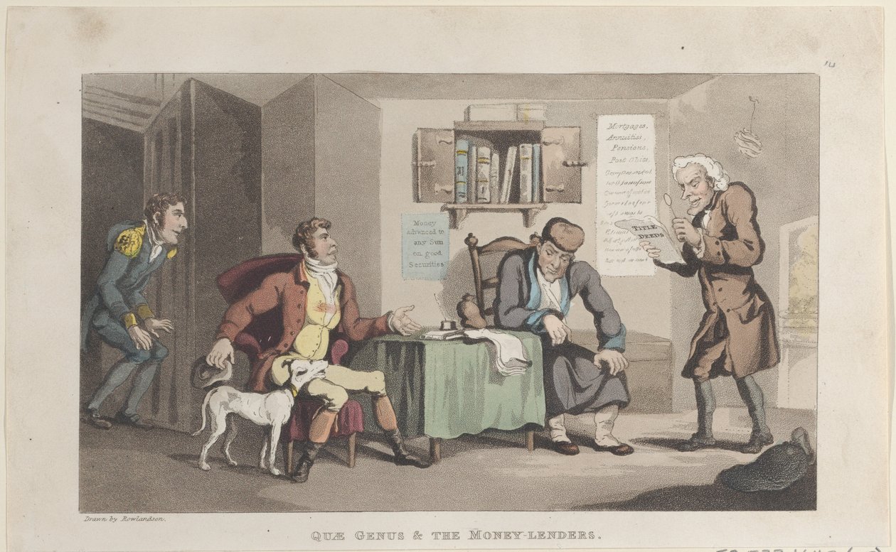 Quae Genus & The Money Lenders, fra The History of Johnny Quae Genus, The L..., 1. september 1821. af Thomas Rowlandson