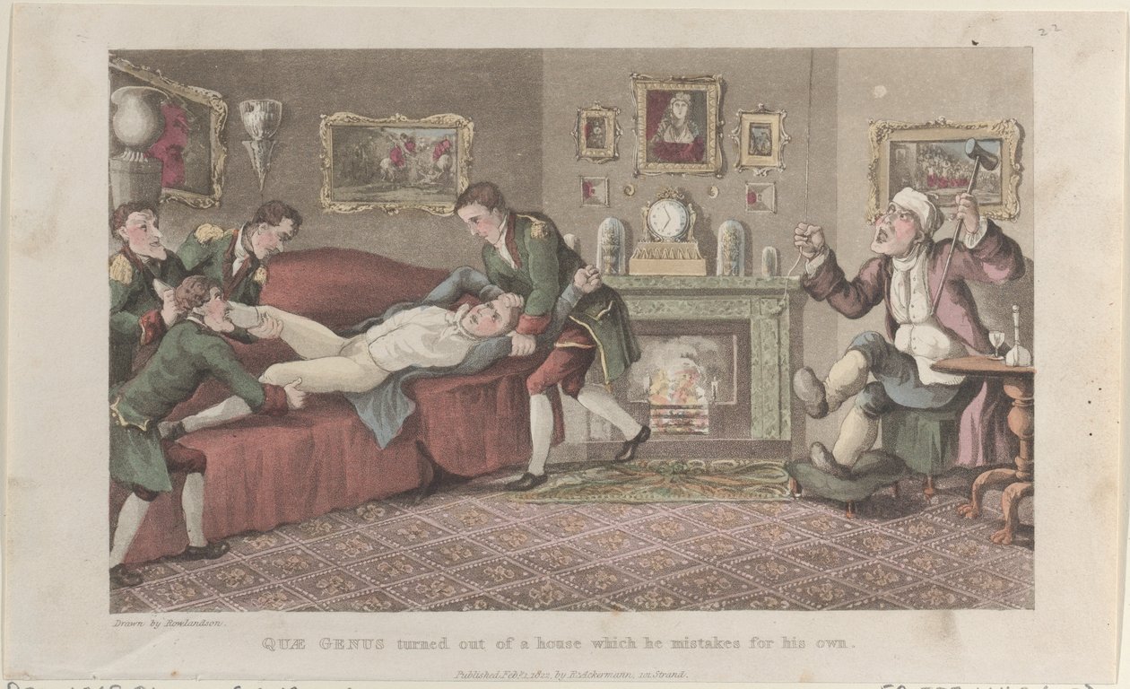 Quae Genus vendt ud af et hus, som han forveksler med sit eget, fra The Hist..., 1. februar 1822. af Thomas Rowlandson