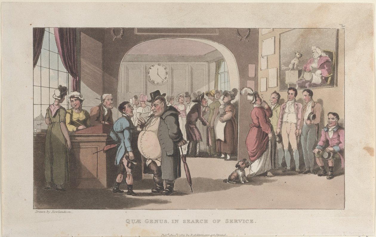 Quae Genus in Search of Service, fra The History of Johnny Quae Genus, The Lit..., 1. august 1821. af Thomas Rowlandson