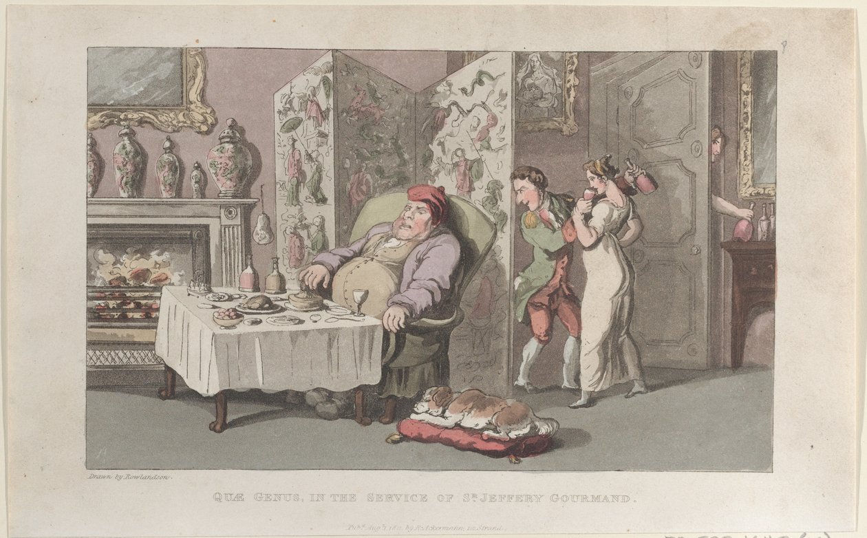 Quae Genus, i tjeneste for Sr. Jeffery Gourmand, fra The History of Johnny ..., 1. august 1821. af Thomas Rowlandson