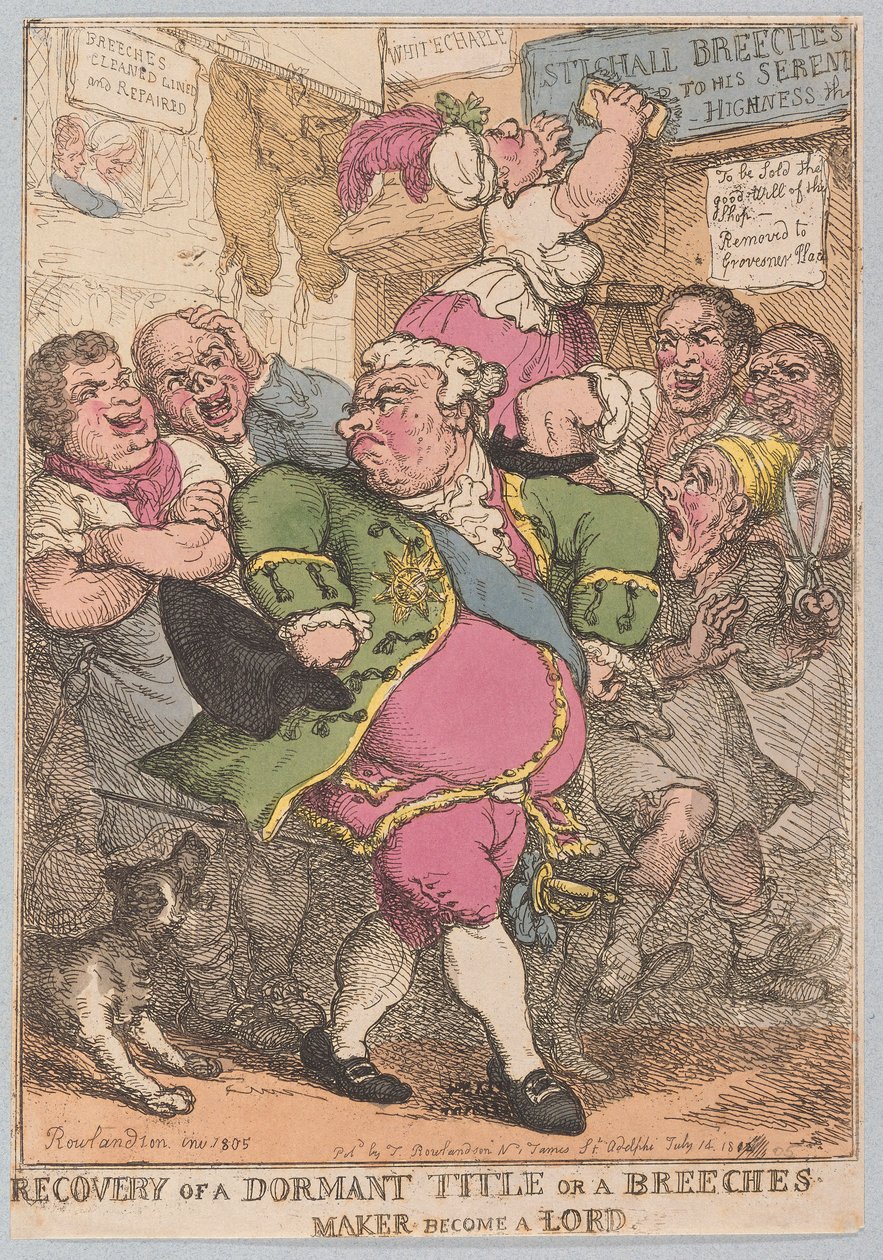 Gendannelse af en slumrende titel eller en ridebukser bliver en herre, pub. 1805 (håndfarvet gravering) af Thomas Rowlandson