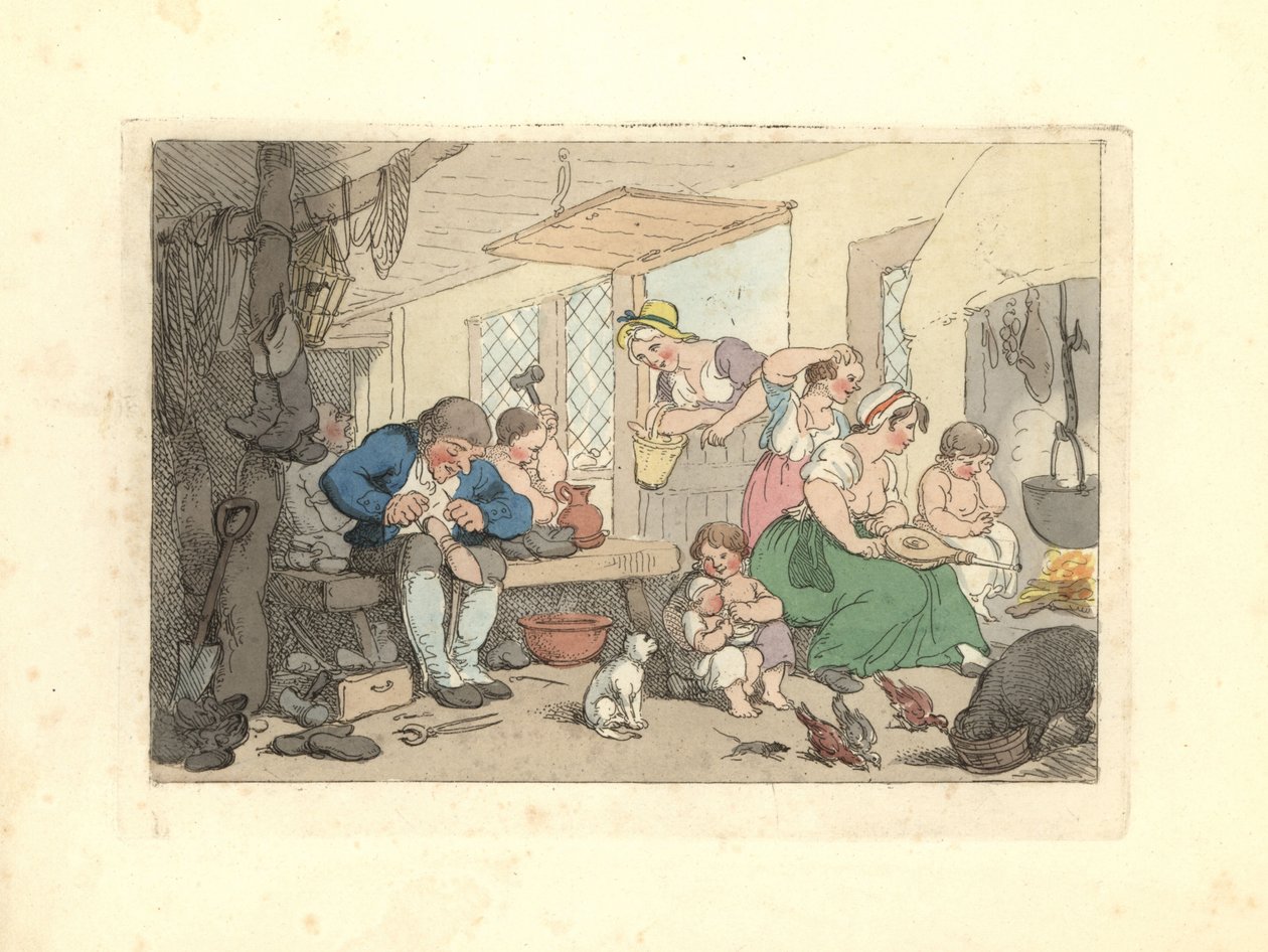 Regency skomager reparerer sko i et overfyldt lokale. af Thomas Rowlandson