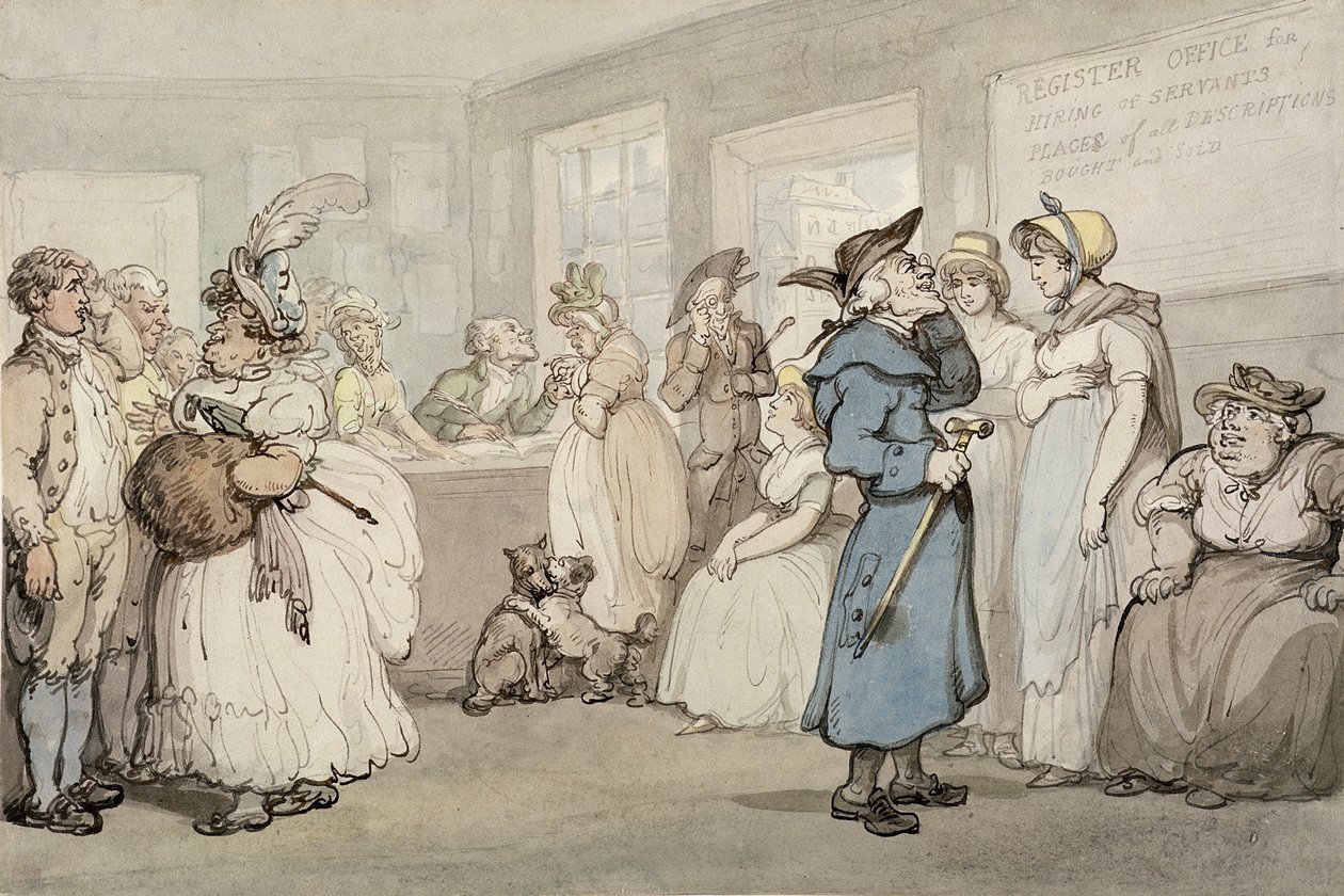 Registerkontor for Ansættelse af Tjenere, ca. 1805 (pen & blæk med akvarel på papir) af Thomas Rowlandson