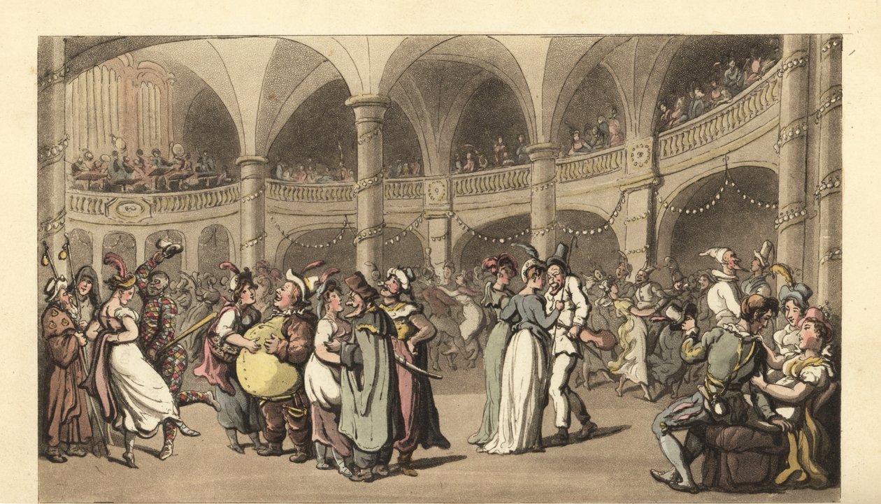 Fester i kostume ved et maskebal i et stort teater af Thomas Rowlandson