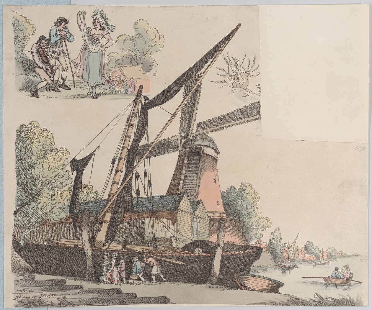 Flodscene med vindmølle fra plade 9, omrids af figurer, landskaber og C..., 20. januar 1791. af Thomas Rowlandson
