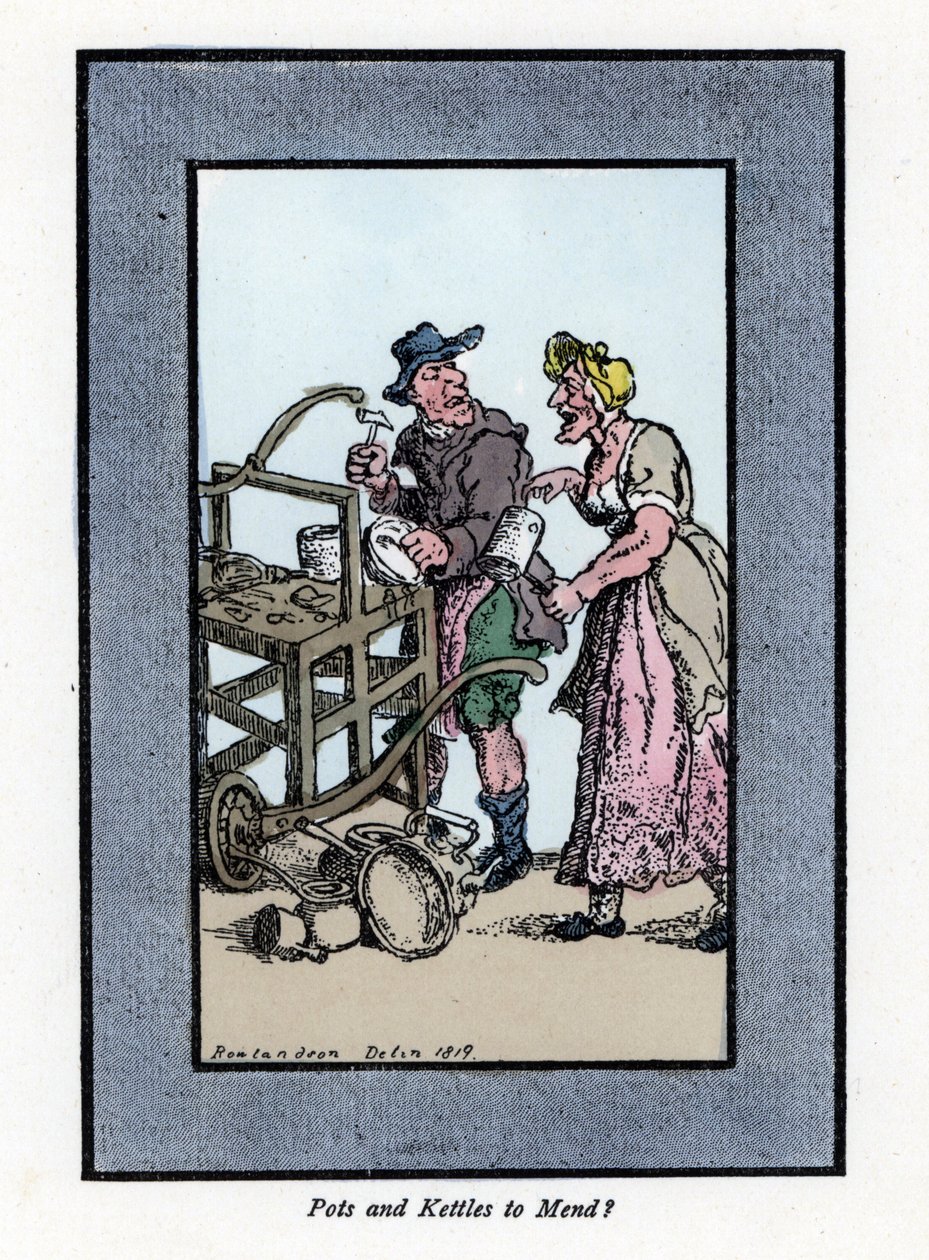 Roaming og klientretamer, der viser bunden af en gryde. Han slår en metalgryde med en hammer på en bærbar bænk. Træstik, baseret på et maleri af Thomas Rowlandson (1756-1827), udgivet i The Cris of London: med seks charmerende børn og næsten 40 i af Thomas Rowlandson