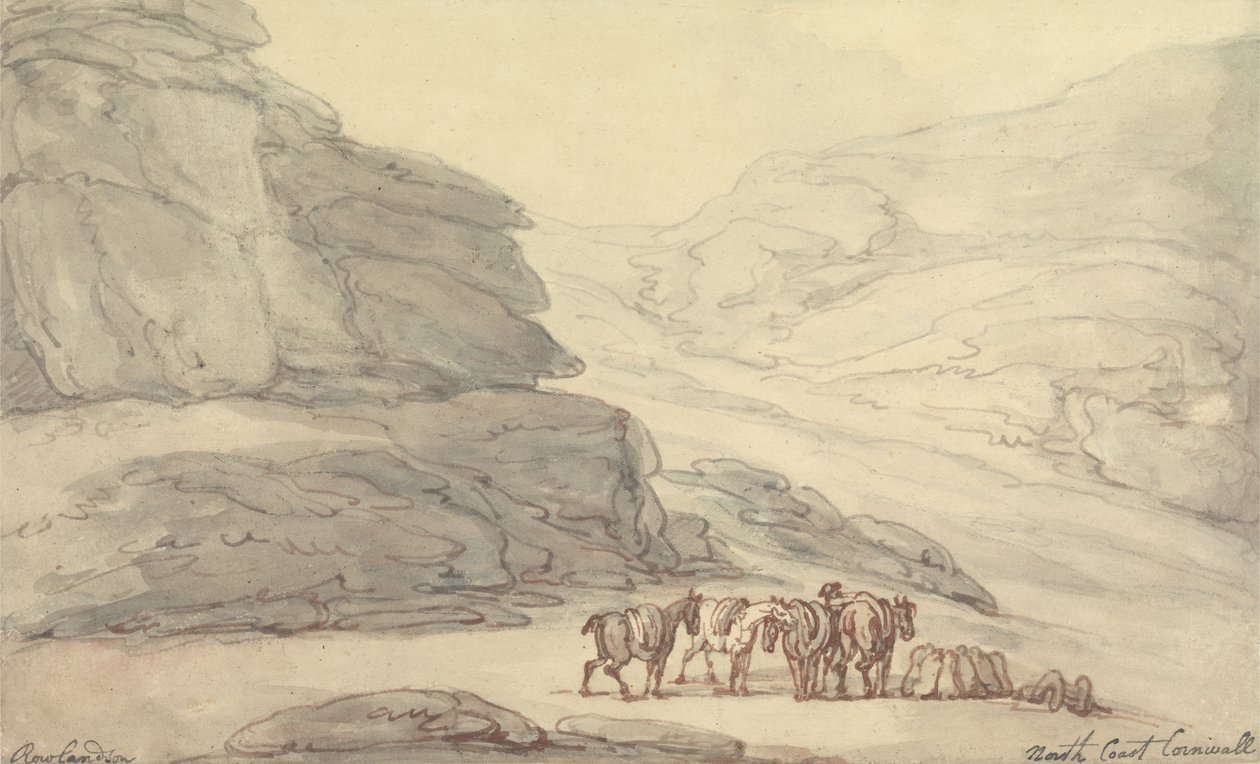 Rocky scene på nordkysten, Cornwall (pen og blæk og akvarel på papir) af Thomas Rowlandson