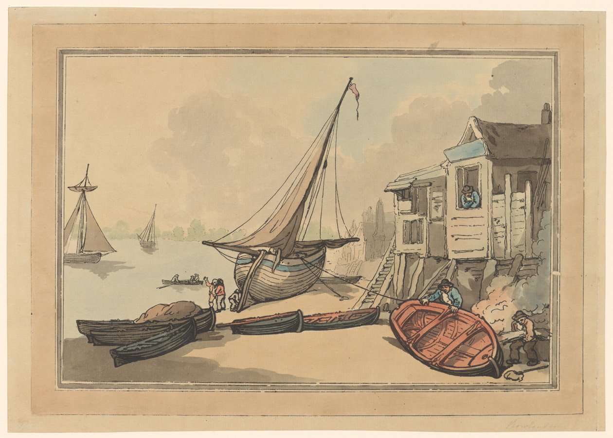 Robåde og et sejlskib ved en bred af Thomas Rowlandson