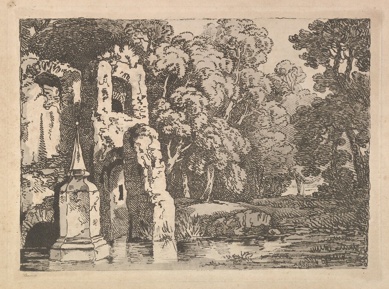 Ruiner ved siden af en pool i et skovklædt landskab, 1783-84. af Thomas Rowlandson
