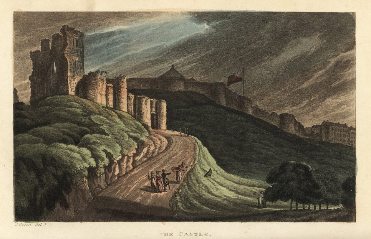 Scarborough Castle: turister, der går op ad bakken til det 12. århundredes stenslot. Håndfarvet kobberstik af Thomas Rowlandson efter en skitse af J. Green fra Poetical Sketches of Scarborough, Ackermann, London af Thomas Rowlandson