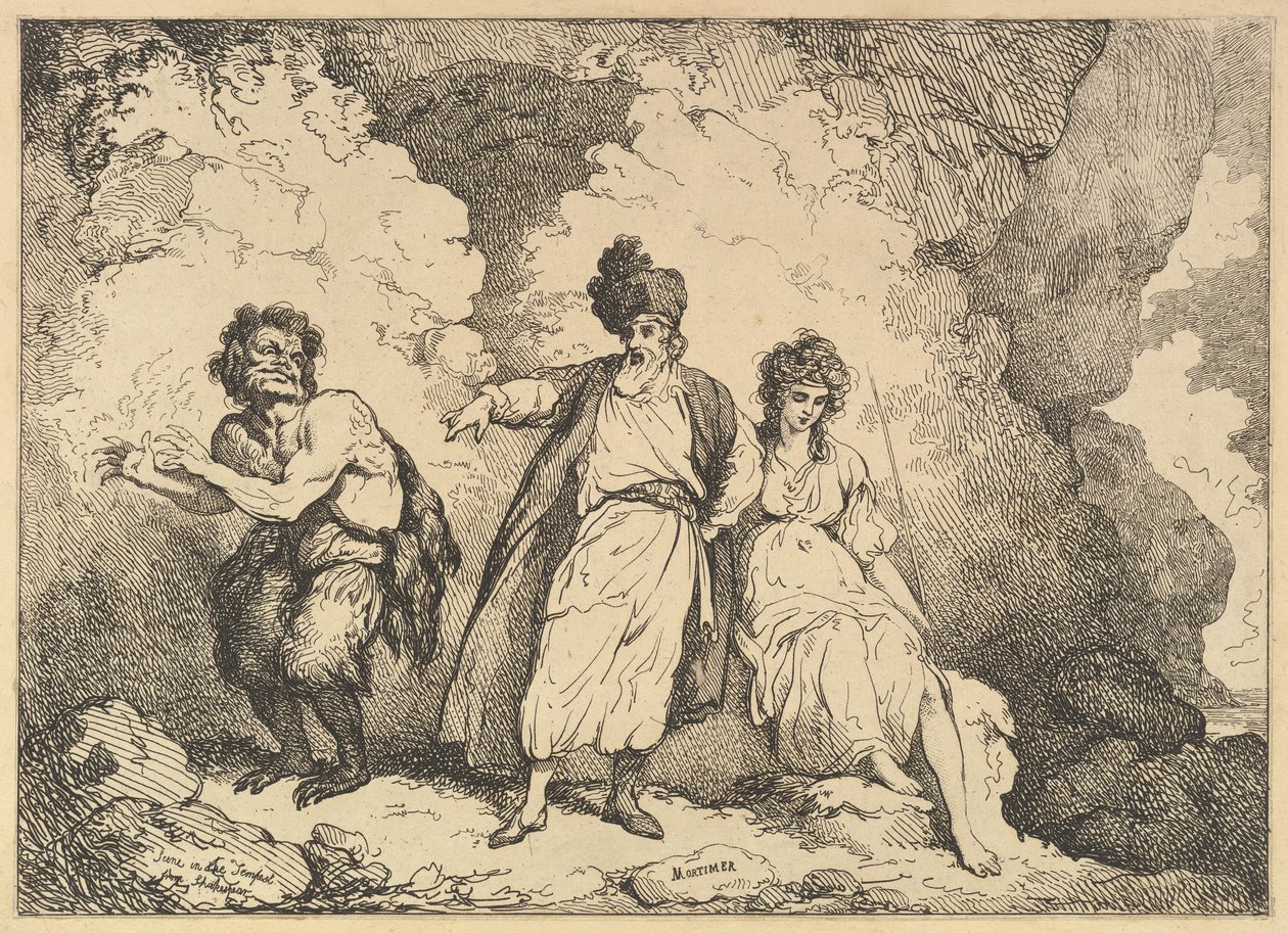 Scene fra stormen: Caliban, Prospero og Miranda, [1783-87] genudgivet 1801. af Thomas Rowlandson
