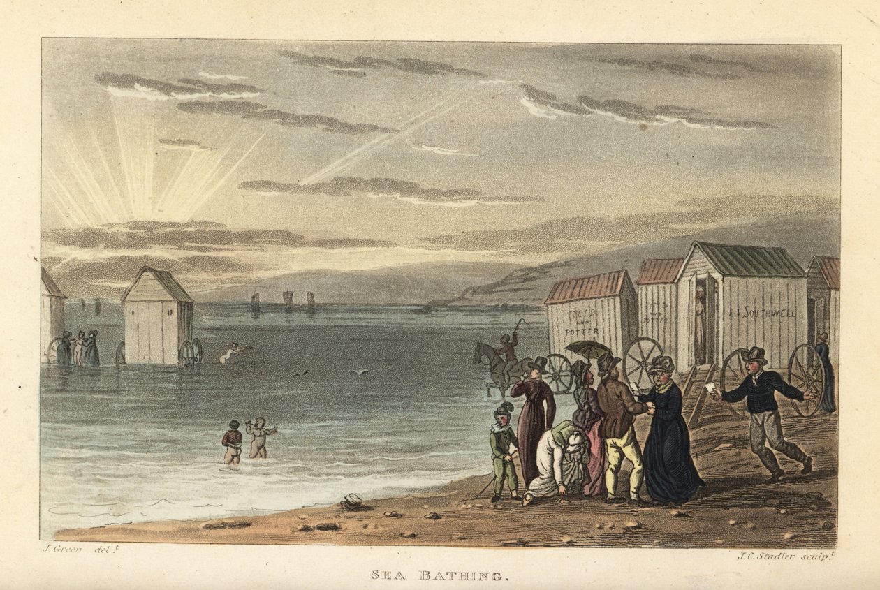 Havbadning: nøgne kvinder svømmer i havet, og bademotorer bliver kørt i vandet. Håndfarvet kobberstik af Thomas Rowlandson, akvatint af J.C. Stadler, efter en skitse af J. Green fra Poetical Sketches of Scarborough, Ackermann, L af Thomas Rowlandson