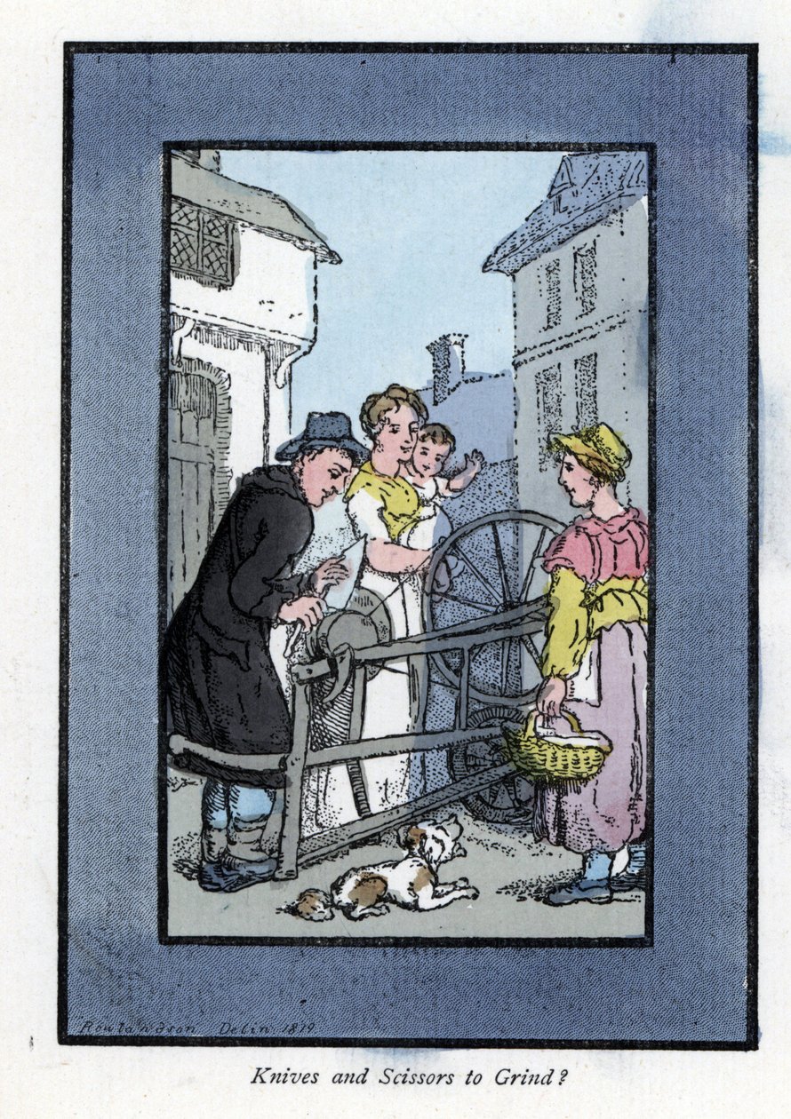 Skærper sliber en kniv på sit slibehjul med sine klienter (1819). Træstik, baseret på et maleri af Thomas Rowlandson (1756-1827), udgivet i The Cris of London: med seks charmerende børn og næsten 40 illustrationer, af Andrew Tuer, Fiel af Thomas Rowlandson