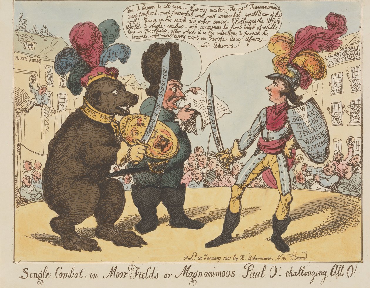 Enkeltkamp i Moorfields, eller den storsindede Paul O! – Udfordrer alle O! (fra: Caricature, bind 4) af Thomas Rowlandson