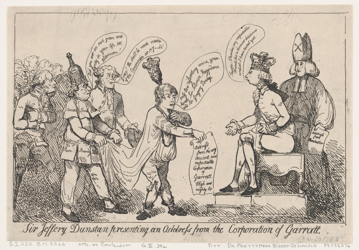 Sir Jeffery Dunstan præsenterer en adresse fra Corporation of Garratt, De..., 30. december 1788. af Thomas Rowlandson