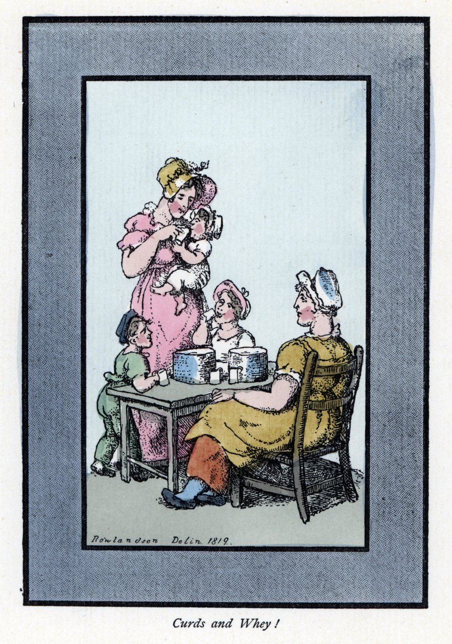 Siddende kvinde, der sælger vagtelmælk og mælk, har mor og børn (1819). Træstik, baseret på et maleri af Thomas Rowlandson (1756-1827), udgivet i The Cris of London: med seks charmerende børn og næsten 40 illustrationer, af Andrew Tuer, Field af Thomas Rowlandson