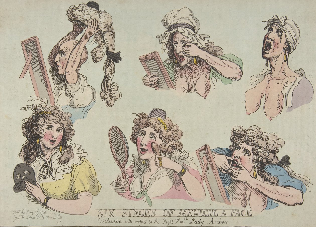 Seks stadier af at reparere et ansigt, dedikeret med hensyn til den rette ære. Lady Ar..., 29. maj 1792. af Thomas Rowlandson