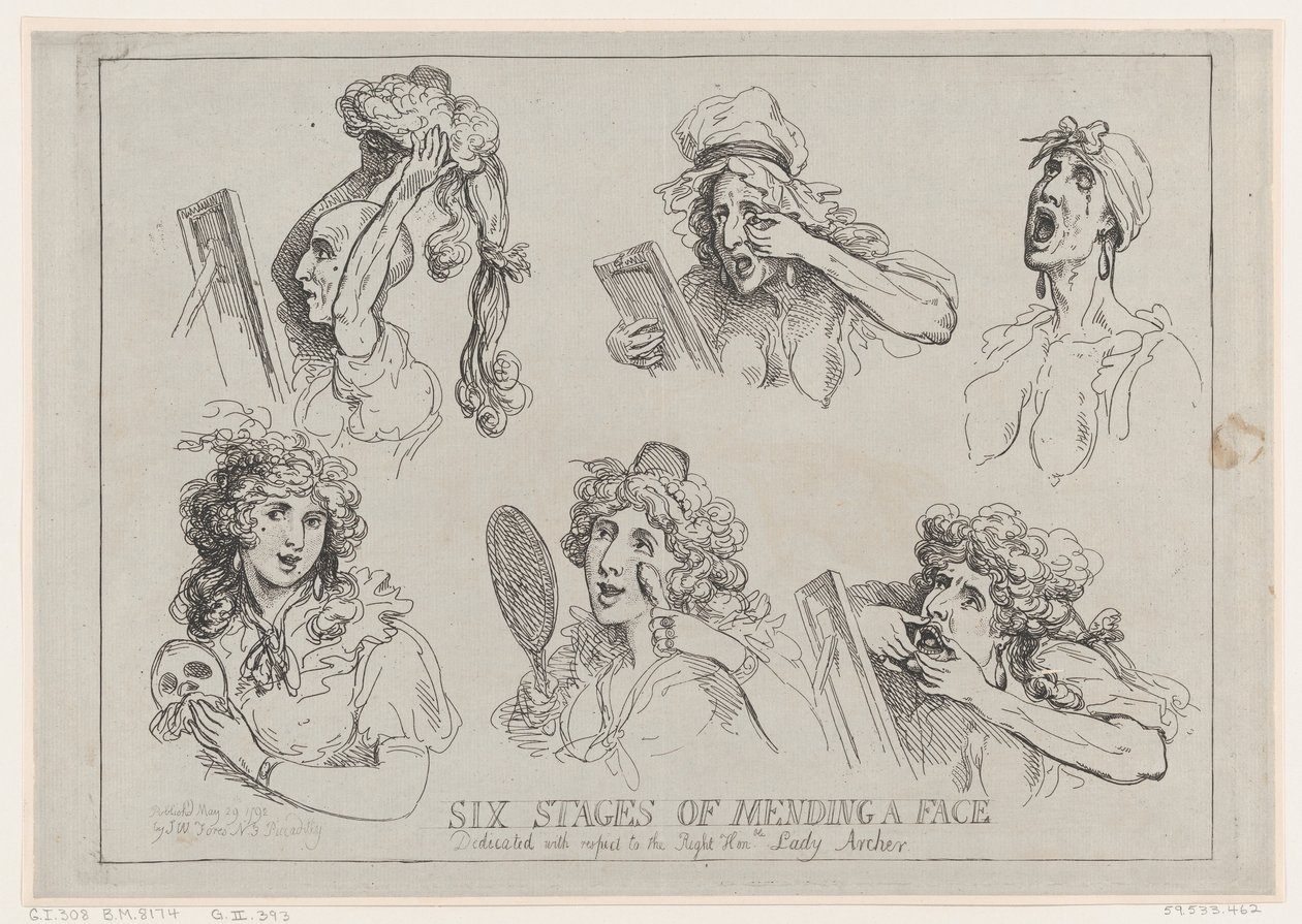 Seks stadier af at reparere et ansigt, dedikeret med hensyn til den rette ære. Lady Ar..., 29. maj 1792. af Thomas Rowlandson