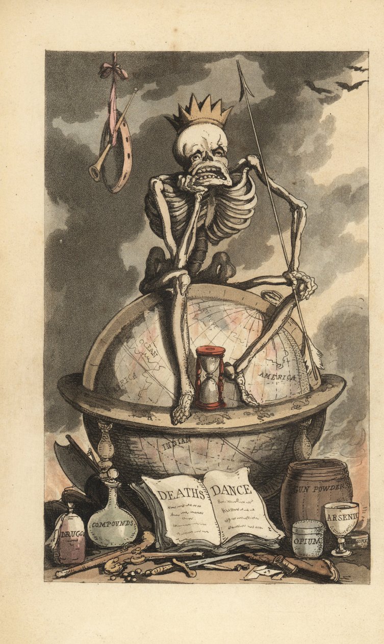 Skelet med krone, spyd og timeglas siddende på en globus over forskellige dødelige våben, pistoler, knive, gifte og stoffer. Håndfarvet kobberplade tegnet og graveret af Thomas Rowlandson fra The English Dance of Death, Ackermann, London af Thomas Rowlandson