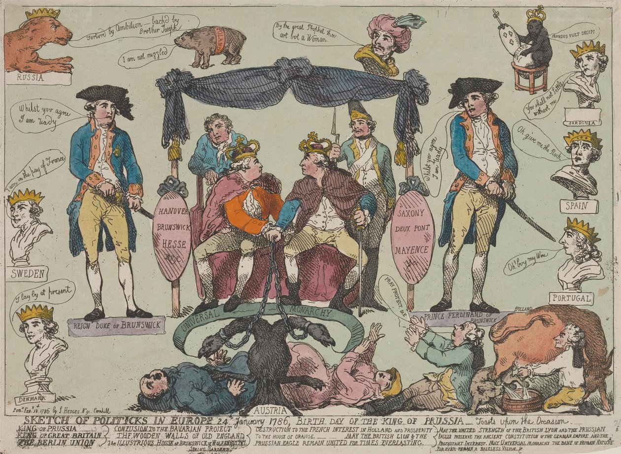 Politisk oversigt over Europa, 24. januar 1786 – Den preussiske konges fødselsdag--- af Thomas Rowlandson