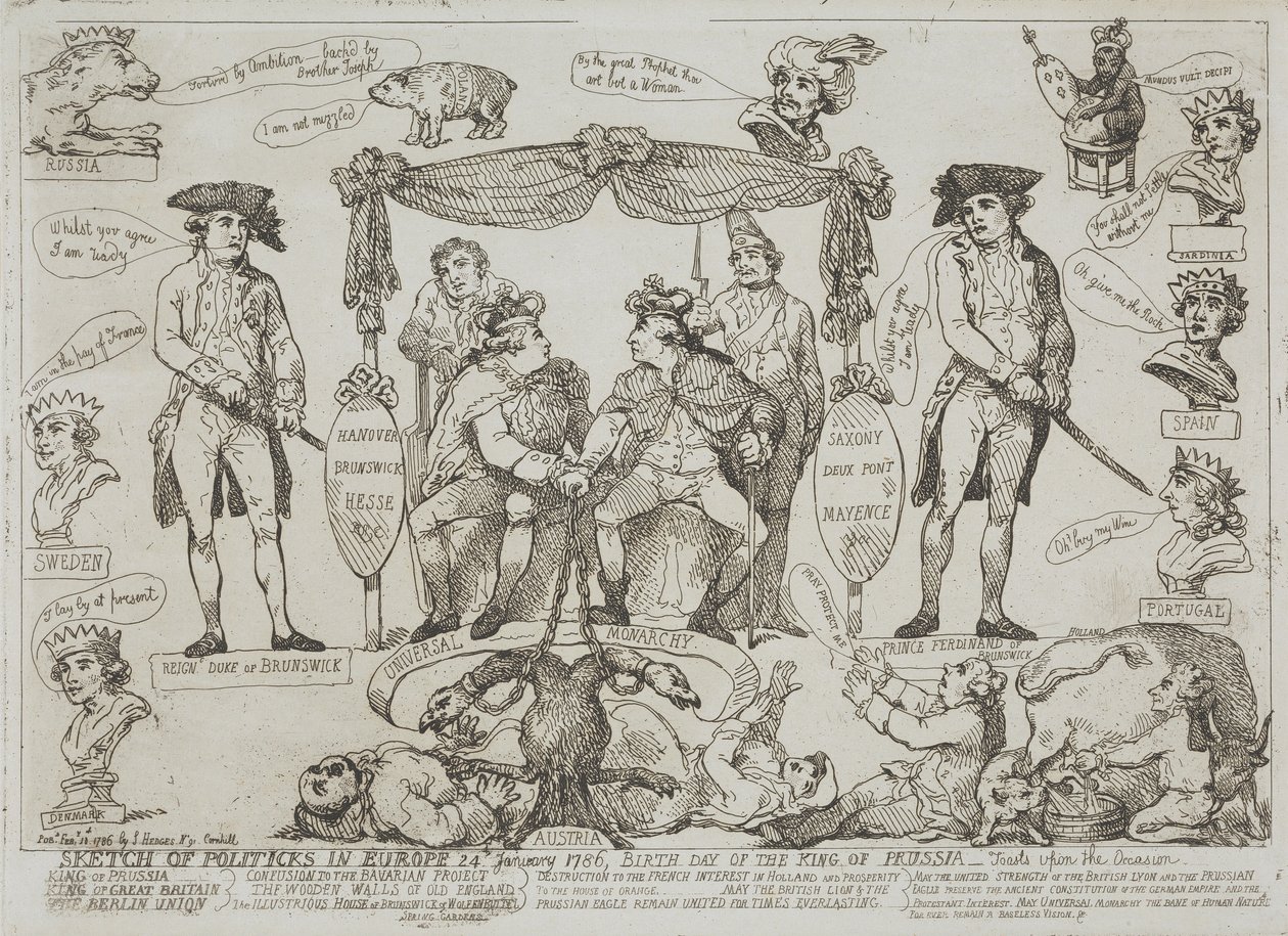 Politisk oversigt over Europa, 24. januar 1786 – Den preussiske konges fødselsdag af Thomas Rowlandson