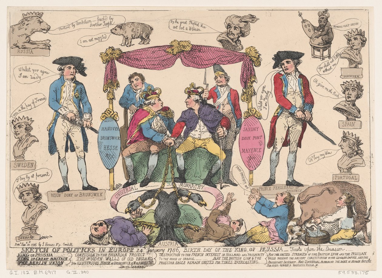 Skitse af Politiks i Europa, fødselsdag for kongen af Preussen, 10. februar 1786., 10. februar 1786 af Thomas Rowlandson