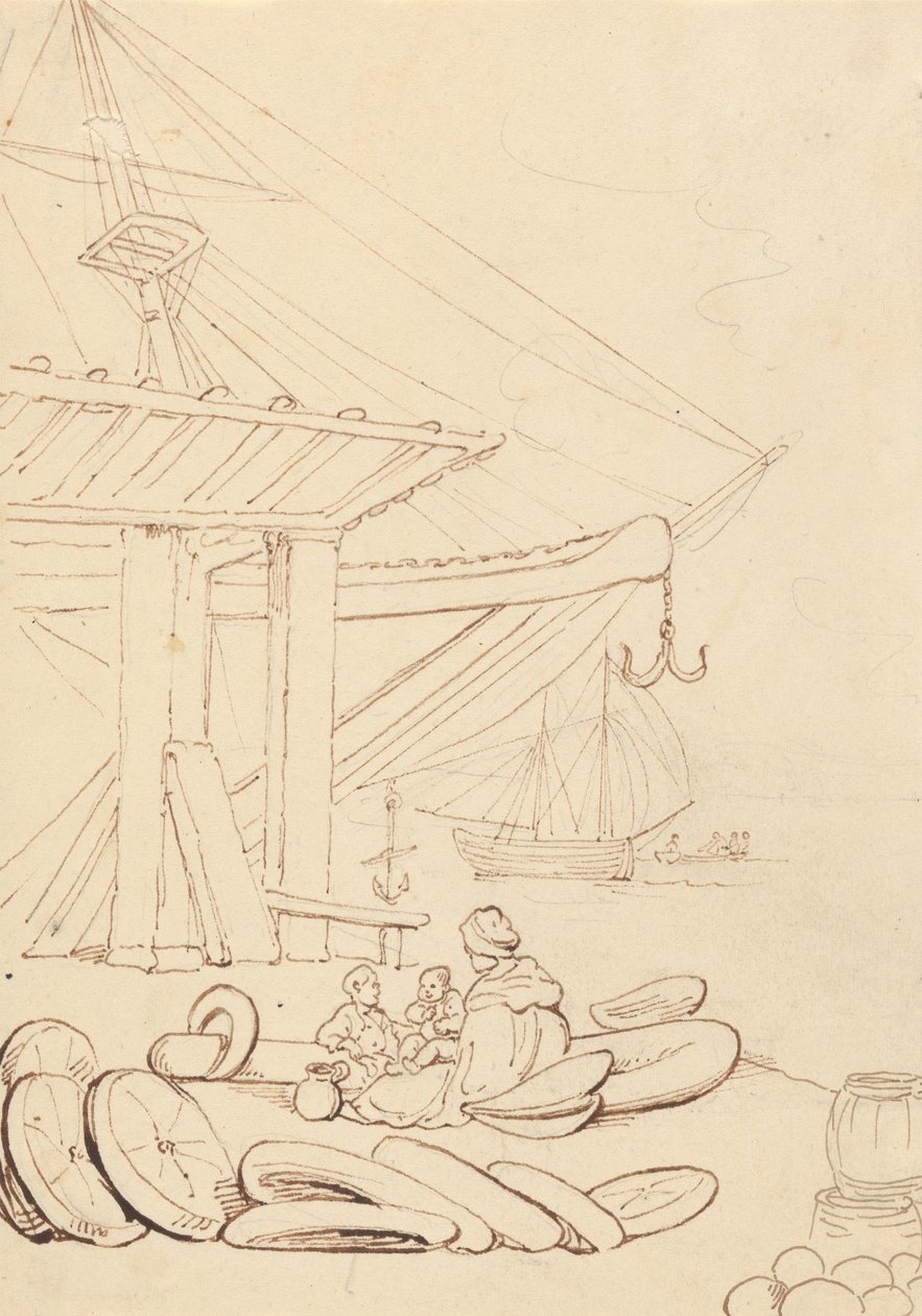 Tegning af en kvinde og børn, der sidder på en skibskaj af Thomas Rowlandson
