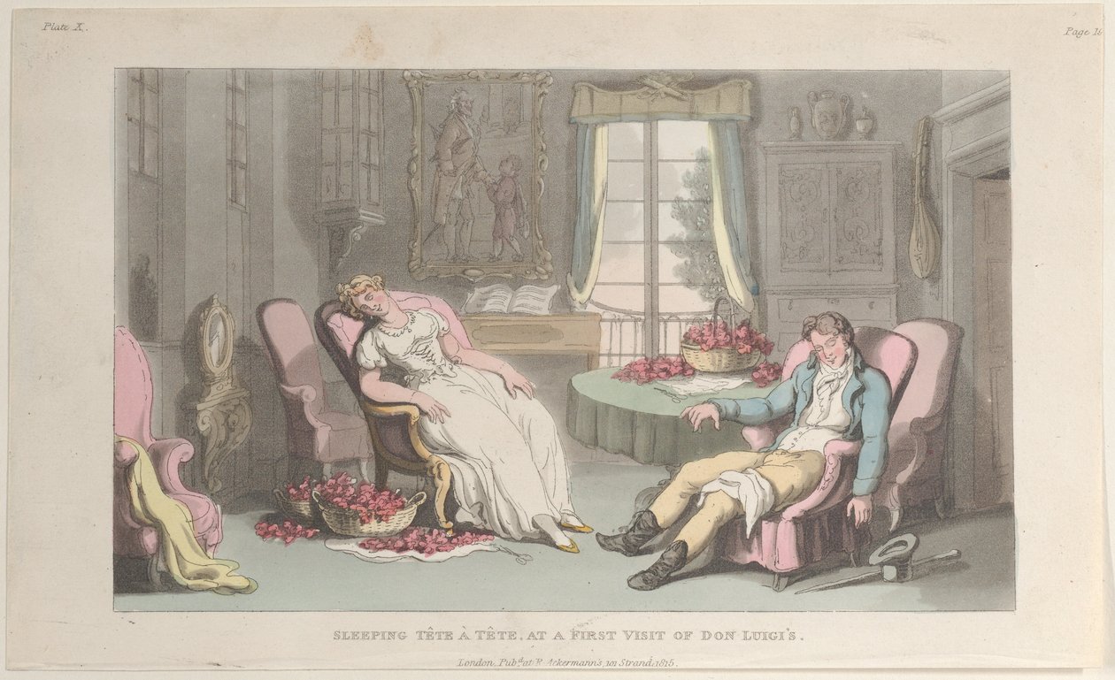 Sleeping Tête à Tête, ved et første besøg af Don Luigi, fra Napoli og Campag..., 1. juni 1815. af Thomas Rowlandson