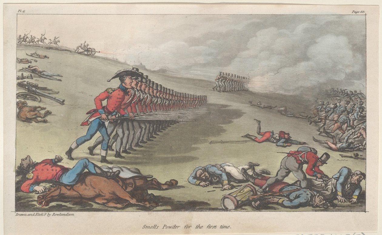 Smells Powder for første gang, fra The Military Adventures of Johnny Newcome, 1815., 1815. af Thomas Rowlandson