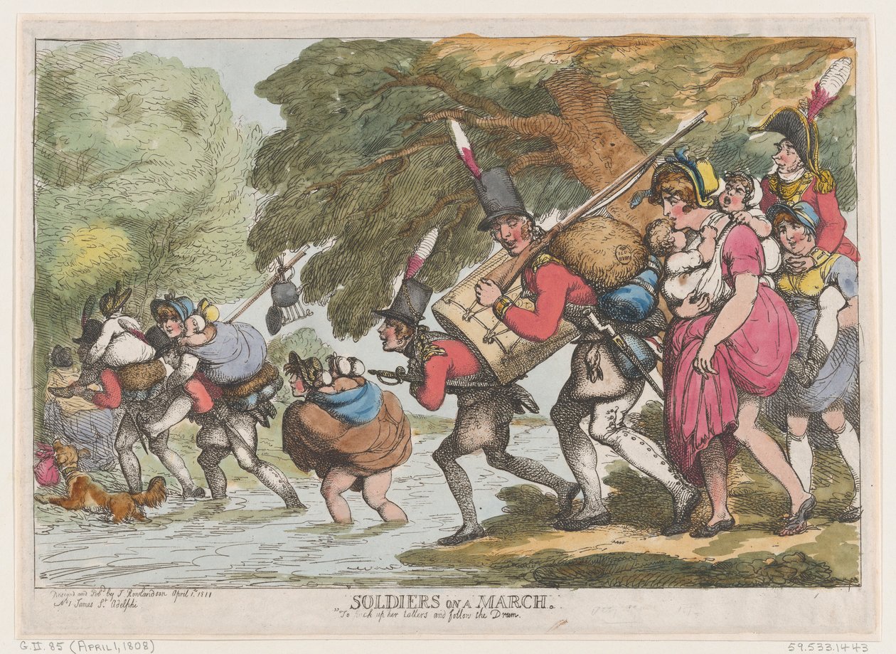 Soldater på en marts, 1. april 1808., 1. april 1808. af Thomas Rowlandson