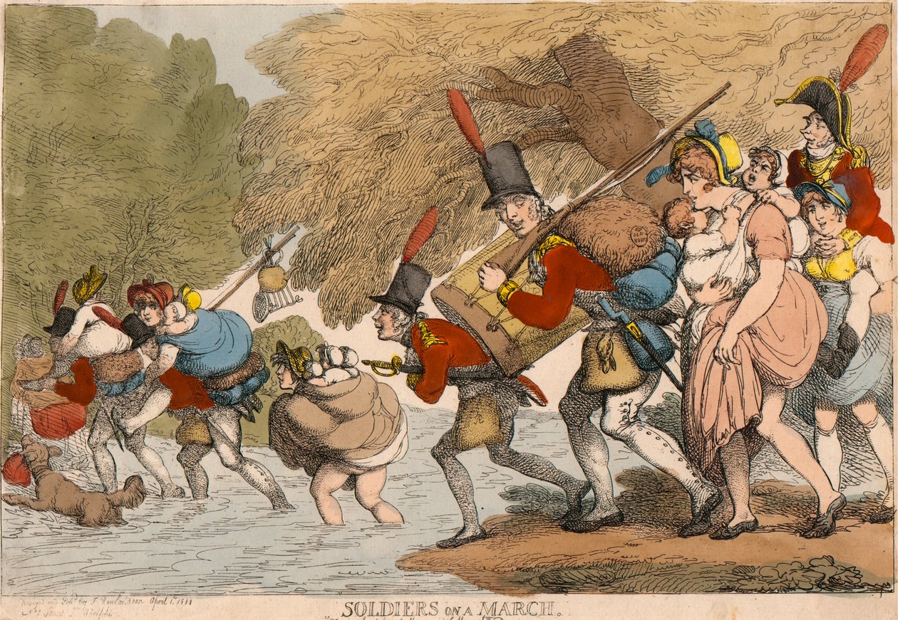 Soldater på en marts: "At pakke sine pletter og følge Trommen" af Thomas Rowlandson