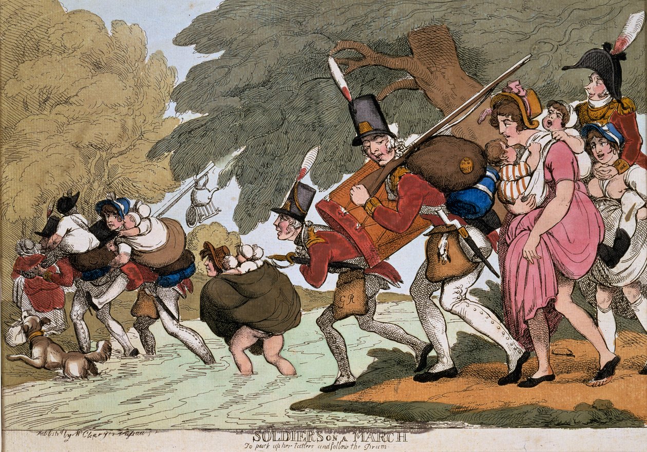 Soldater på march, gravering af G.M.Woodward, udgivet 1811 (farvet radering) af Thomas Rowlandson