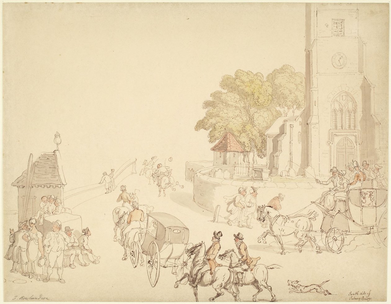 Den sydlige side af Putney Bridge af Thomas Rowlandson