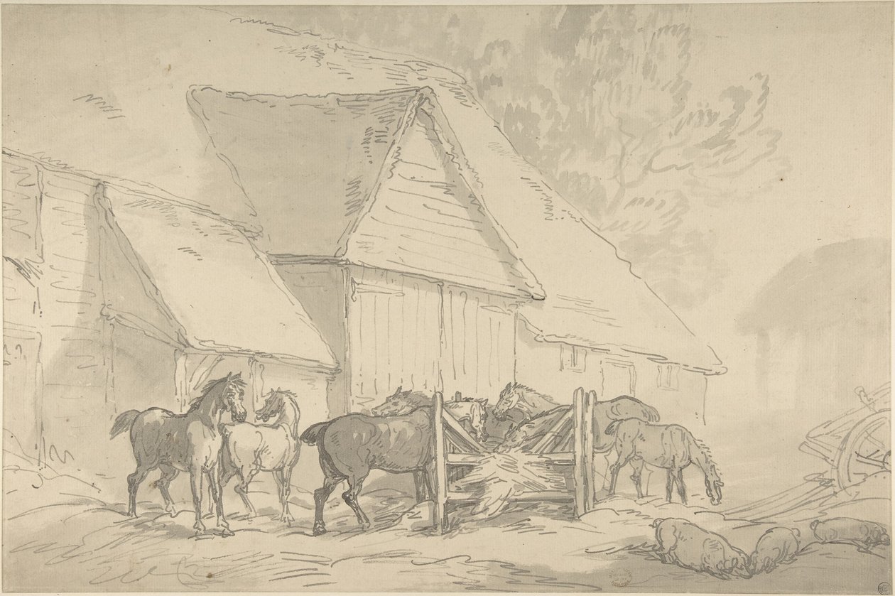 Stalden med heste af Thomas Rowlandson