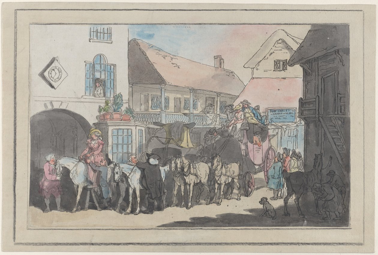 Scenecoach og ryttere i gården til en kro, forbereder sig til afgang, 1789-95., 1789-95. af Thomas Rowlandson