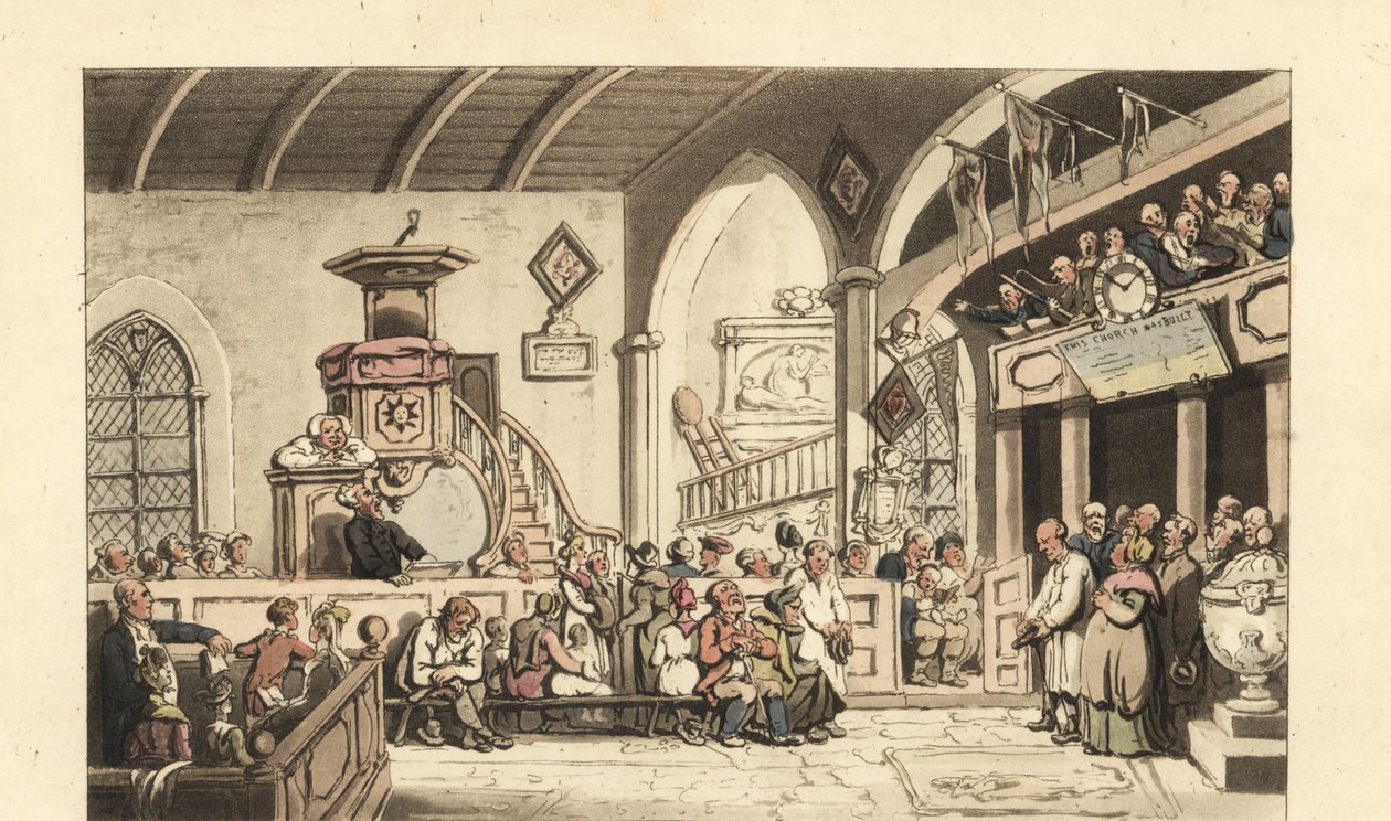 Søndagsgudstjeneste i en landskirke, Regency Era af Thomas Rowlandson