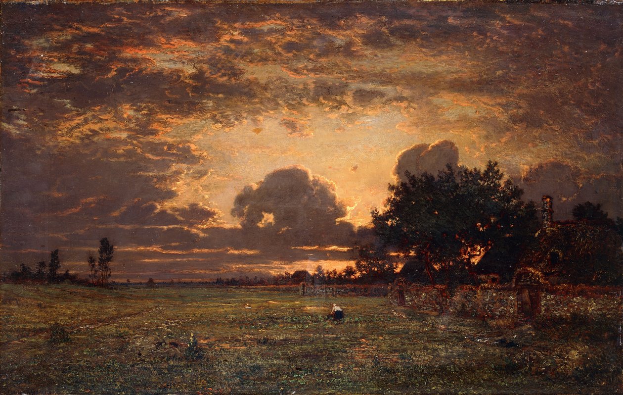 Solnedgang over sletten ved Barbizon, af Thomas Rowlandson