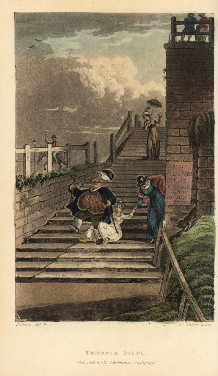 Terrassetrin: turister vælter ned ad trappen på Cliff Terrace. Håndfarvet kobberstik af Thomas Rowlandson, akvatint af J.C. Stadler, efter en skitse af J. Green fra Poetical Sketches of Scarborough, Ackermann, London af Thomas Rowlandson